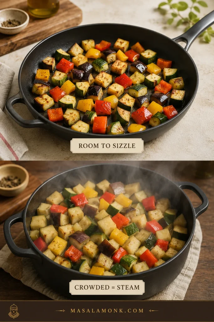 Side-by-side comparison of vegetables spread across a wide sauté pan and crowded into a deeper pot with more visible steam.