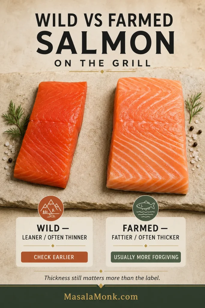 Raw wild and farmed salmon fillets shown side by side, with the wild piece deeper red and leaner and the farmed piece lighter with more visible fat lines.