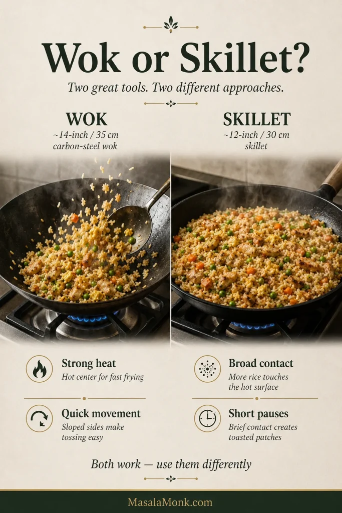 Side-by-side fried-rice comparison with a carbon-steel wok on one side and a wide skillet on the other, demonstrating different patterns of movement and surface contact.