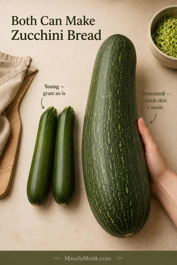 Several small young zucchini beside one very large garden zucchini, comparing the sizes that can be used for zucchini bread.
