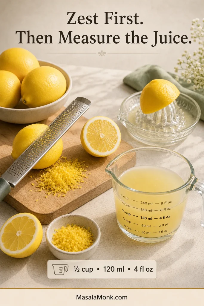 Whole lemons, a fine zester, fresh yellow zest and a measuring jug containing half a cup of lemon juice sit on a work surface.