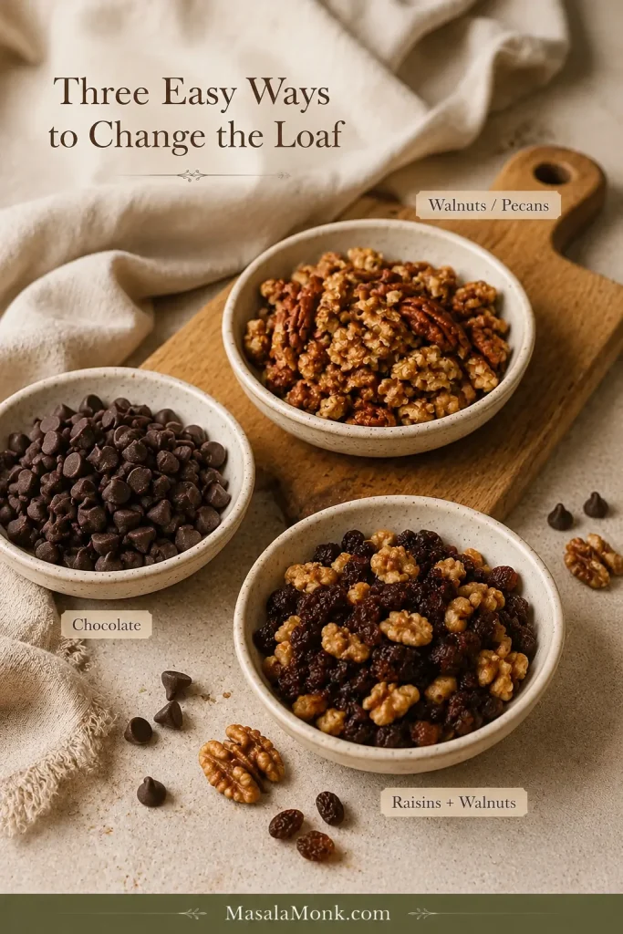 Walnuts and pecans, chocolate chips, and raisins with walnuts arranged in bowls as optional zucchini bread add-ins.