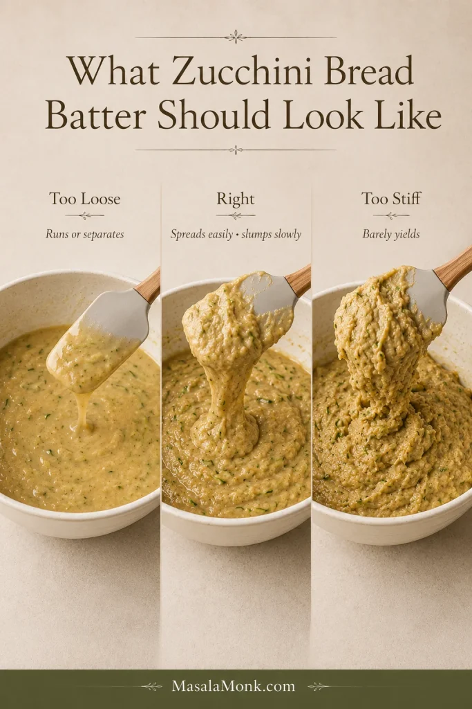 Three zucchini bread batters comparing a thin runny mixture, thick slow-slumping correct batter and an overly stiff batter.
