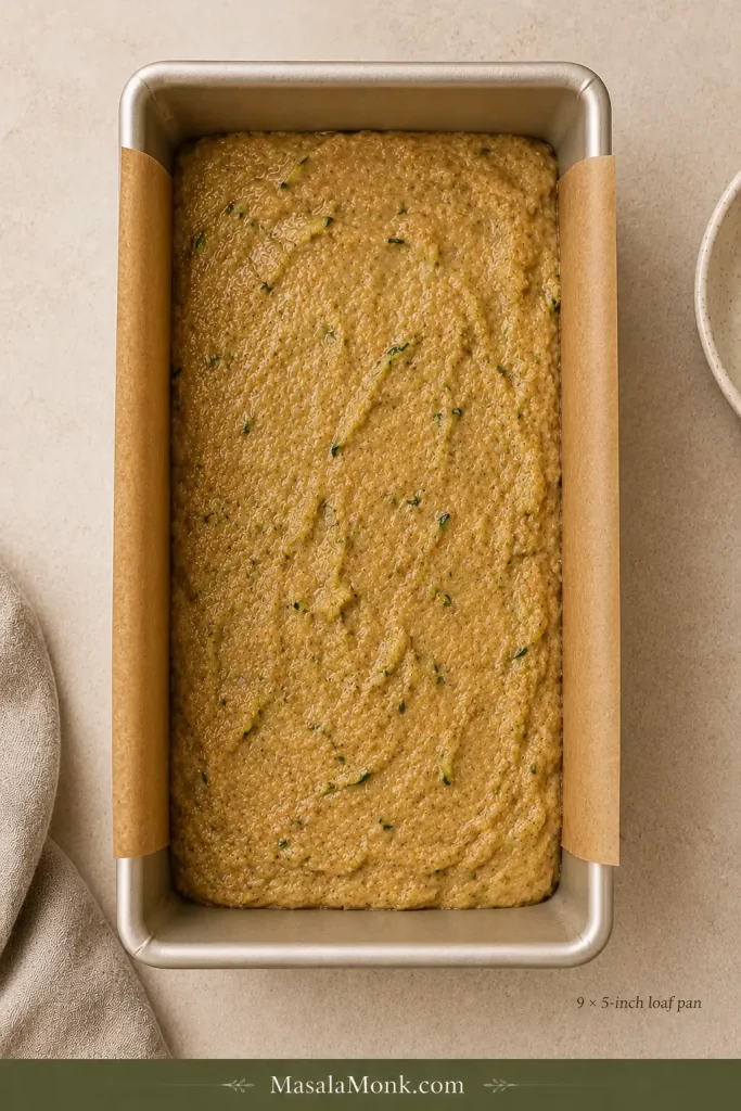 Thick zucchini bread batter spread in a parchment-lined light metal 9 by 5 inch loaf pan with space remaining above the batter.
