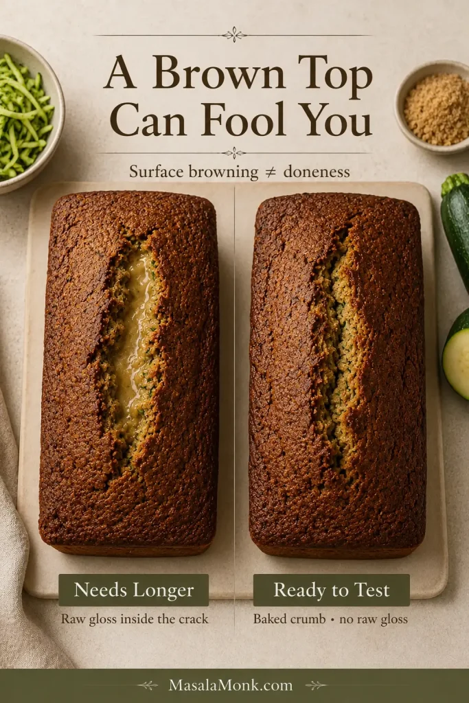 Two similarly browned zucchini loaves comparing a crack with glossy raw batter and a crack showing opaque baked crumb.