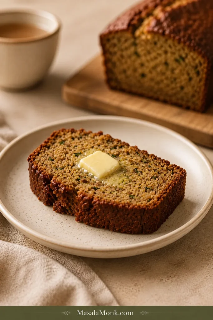 Thick slice of golden zucchini bread with tender green-flecked crumb and a small pat of melting butter, with the remaining loaf softly blurred behind.