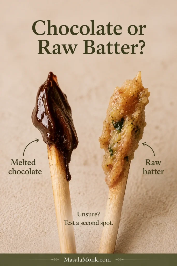 Two close-up baking testers comparing dark melted chocolate residue with a pale, wet smear of raw zucchini bread batter.