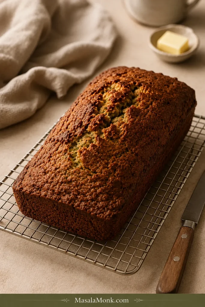 Whole golden zucchini bread cooling on a wire rack beside a knife, butter and neutral linen in warm natural light.