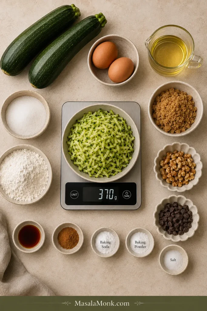 Zucchini bread ingredients arranged around a digital scale holding grated zucchini at 370 grams, with two eggs, flour, sugars, oil and spices.