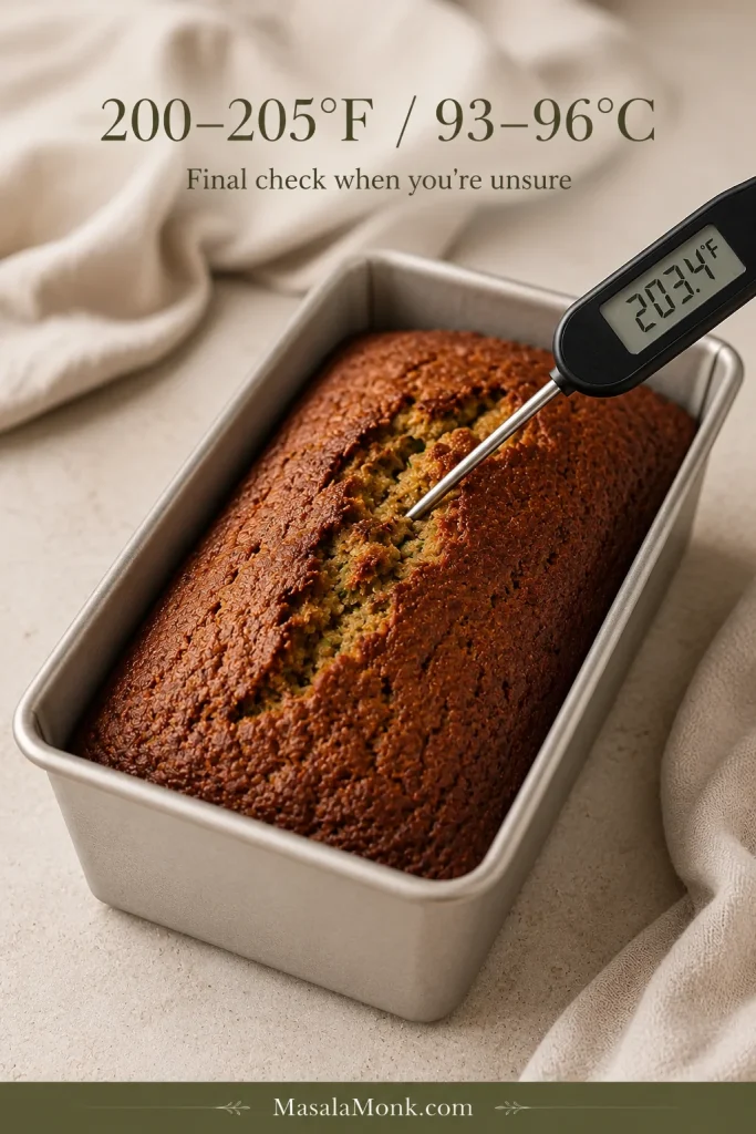 Instant-read thermometer inserted into the thick center of zucchini bread in a light metal pan, displaying about 203 degrees Fahrenheit.