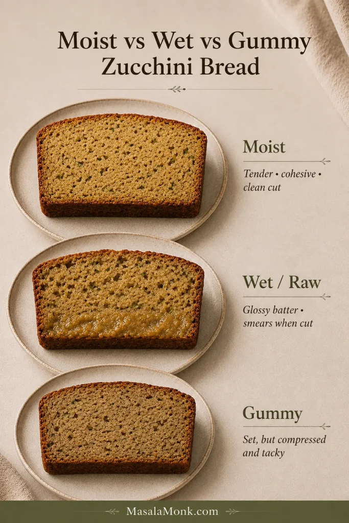 Three zucchini bread slices comparing a tender baked crumb, a glossy raw band and an opaque but compressed gummy crumb.
