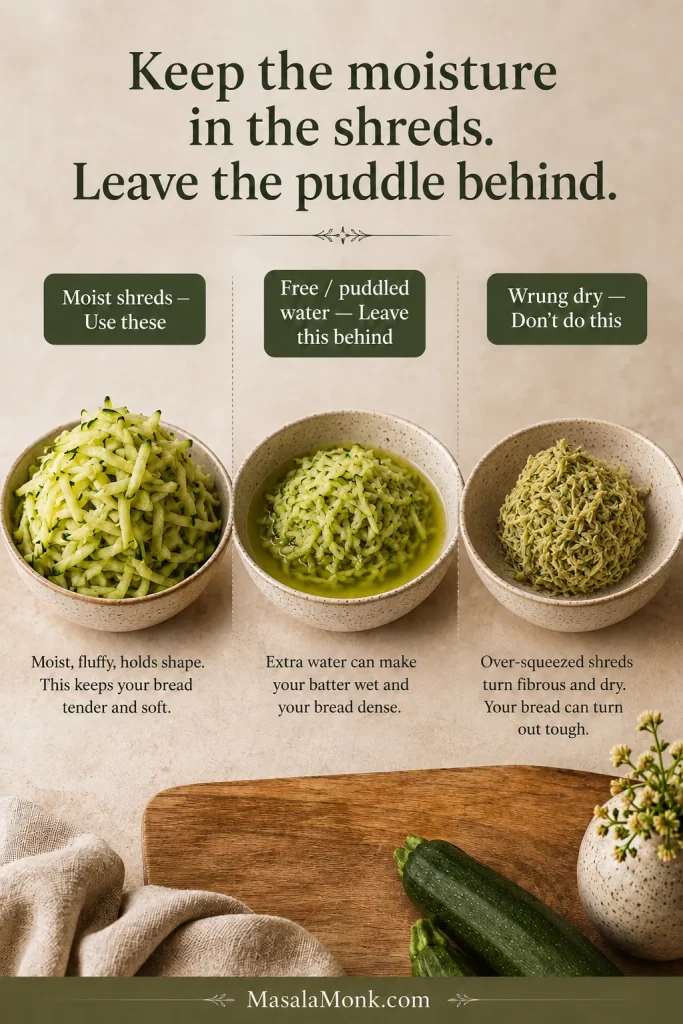 Three grated zucchini states showing moist fluffy shreds, zucchini sitting in separately pooled liquid and tightly squeezed dry zucchini.