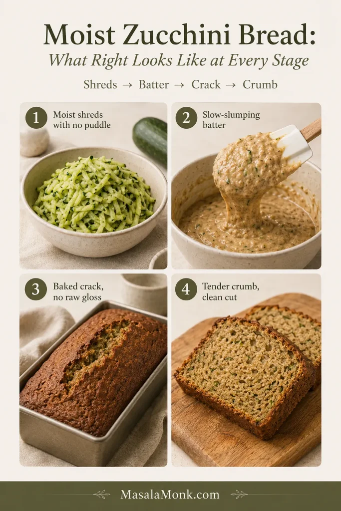 Four-stage zucchini bread guide showing moist grated zucchini, thick batter, a baked center crack and a clean-cut finished crumb.