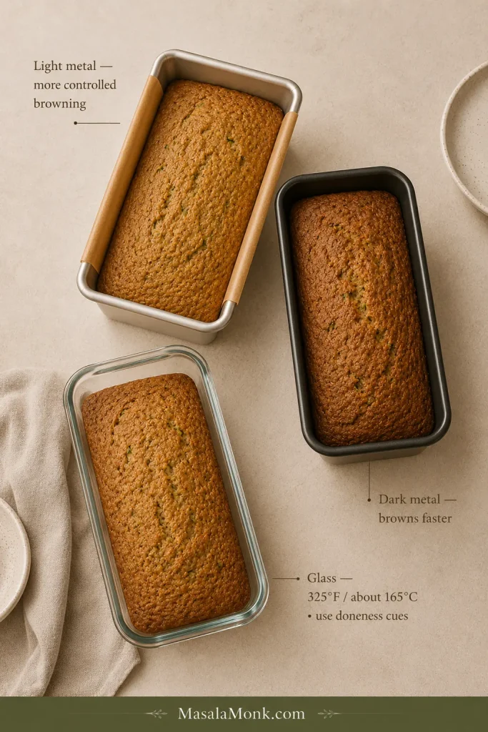 Three zucchini loaves baked in similarly sized light metal, dark metal and clear glass pans to compare pan materials and browning.