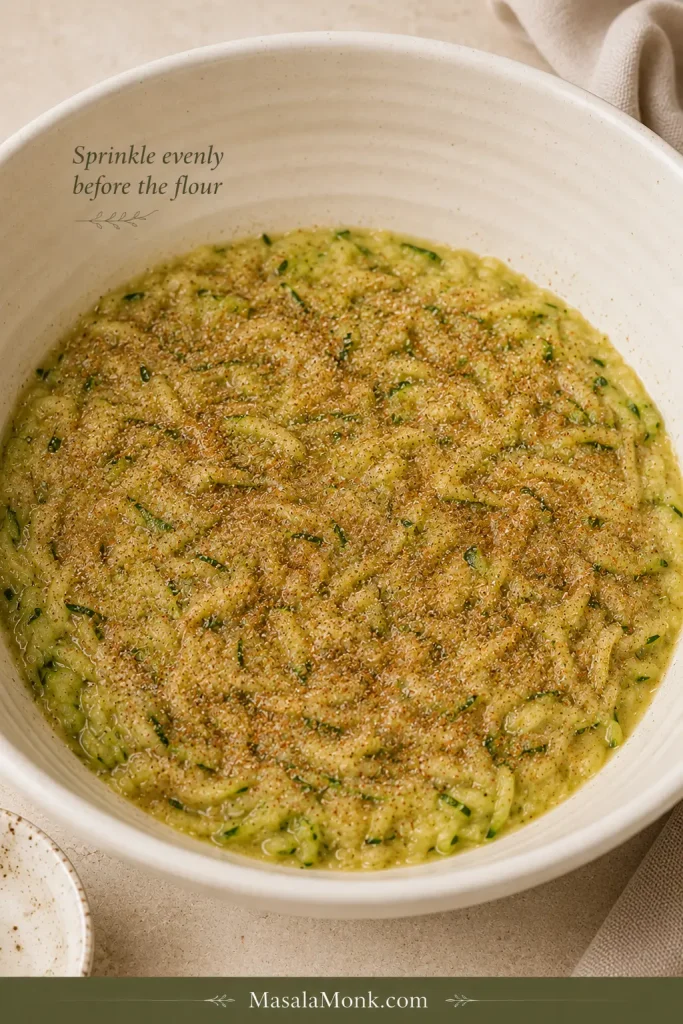 Cinnamon and small amounts of baking soda and baking powder evenly scattered over a wet zucchini mixture before flour is added.