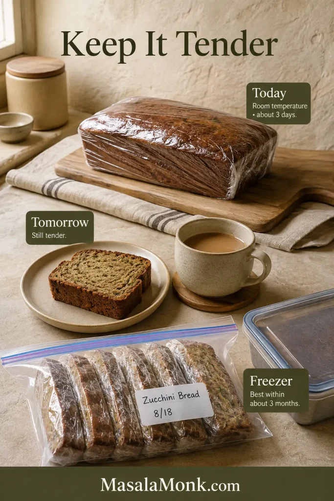 Wrapped whole zucchini bread for room-temperature storage, a slice served with coffee and individually wrapped slices packed for freezing.
