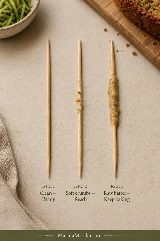 Three wooden testers showing a clean tester, a few soft baked crumbs and a thick smear of raw zucchini bread batter.