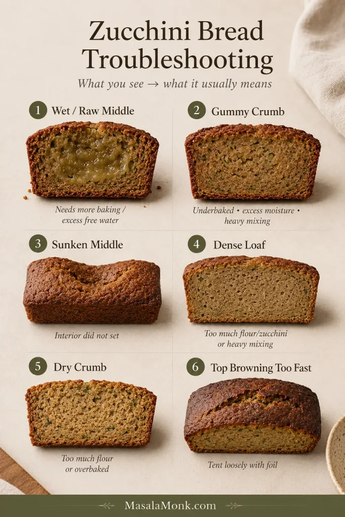 Troubleshooting guide showing zucchini bread with a raw center, gummy crumb, sunken middle, dense crumb, dry crumb and an overly browned top.
