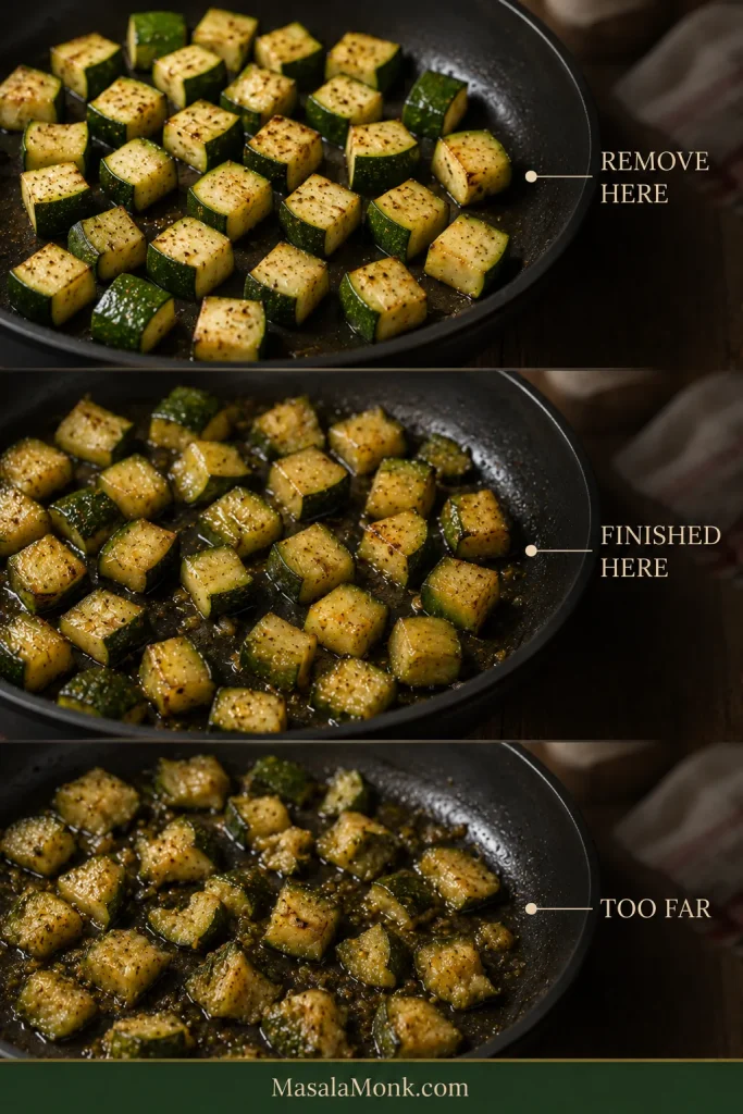 Three stages of cooked zucchini labeled “Remove here,” “Finished here” and “Too far,” progressing from firm pieces to tender pieces and then collapsing pieces.