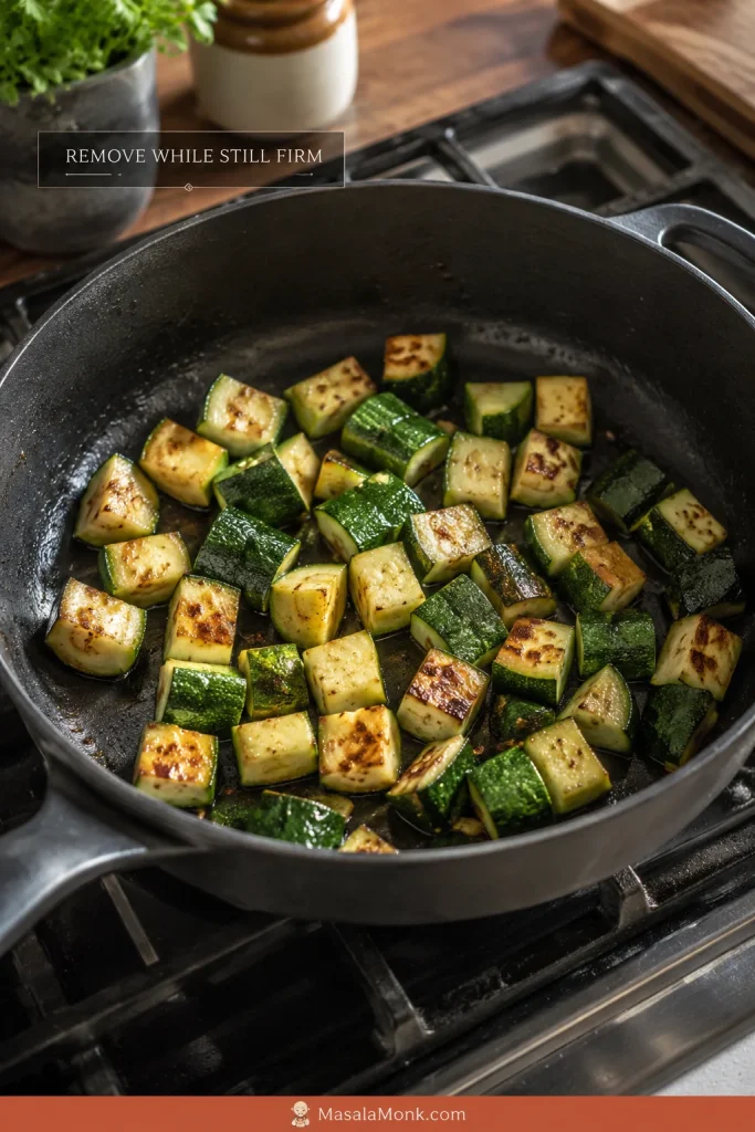 Chunky zucchini pieces lightly browned in a sauté pan with an instruction to remove them while still firm.