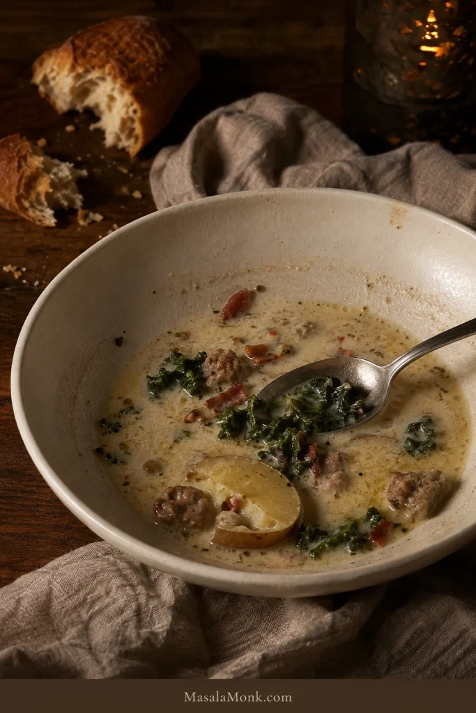 Partly eaten bowl of Zuppa Toscana with spoon, broken potato slice, kale, sausage and bacon crumbs beside torn bread on a wooden table.