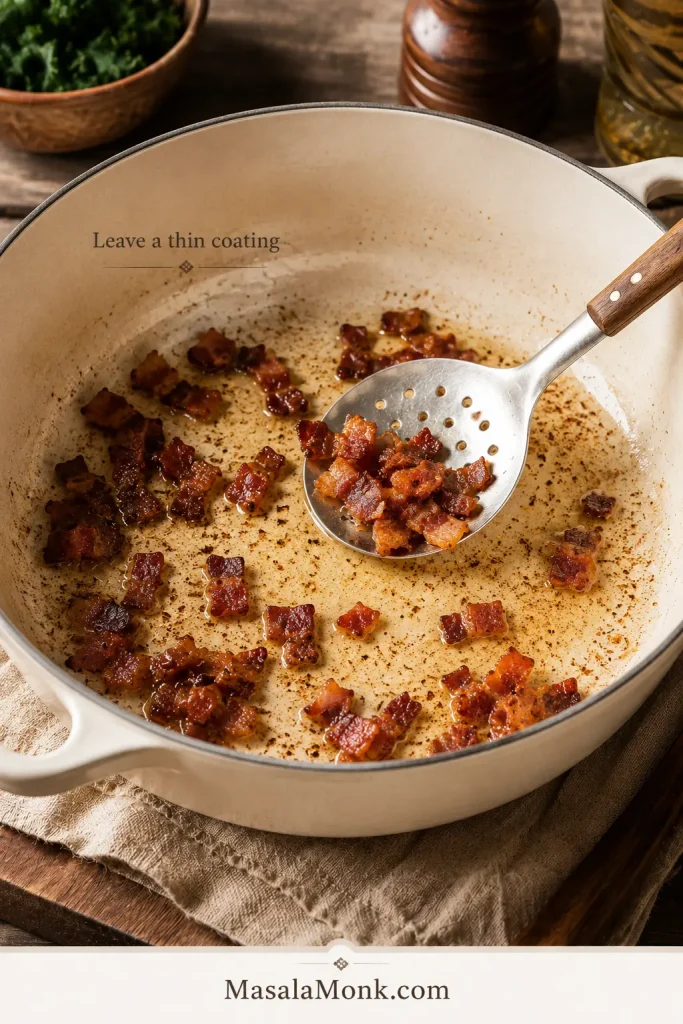 Crisp bacon removed from a pale Dutch oven with a thin glossy layer of rendered bacon fat across the bottom.