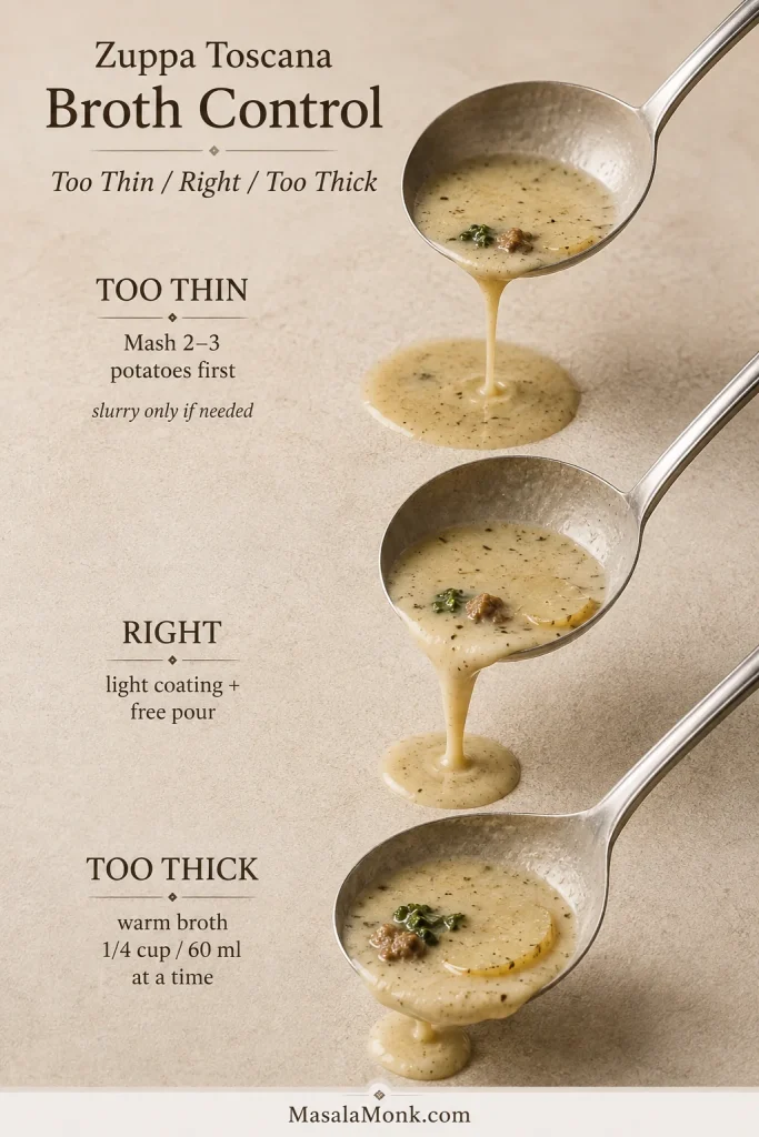 Broth consistency guide comparing thin, correct and overly thick Zuppa Toscana by how each version pours from a ladle.