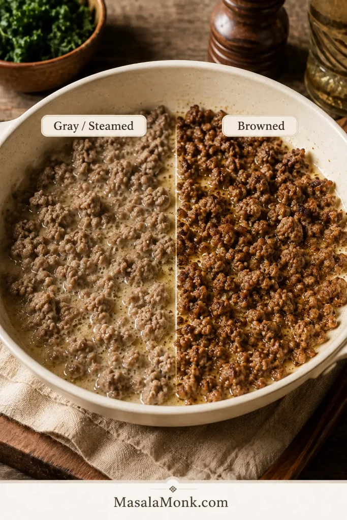 Comparison of gray steamed Italian sausage crumbles and properly browned sausage with caramelized edges.