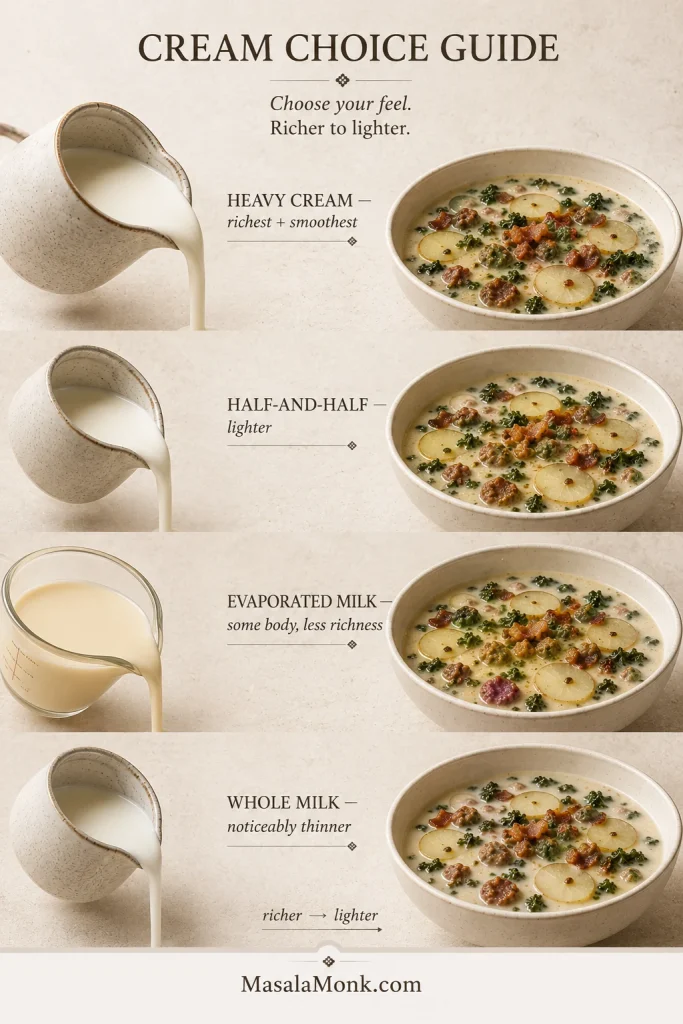 Dairy guide comparing heavy cream, half-and-half, evaporated milk and whole milk for finishing Zuppa Toscana.