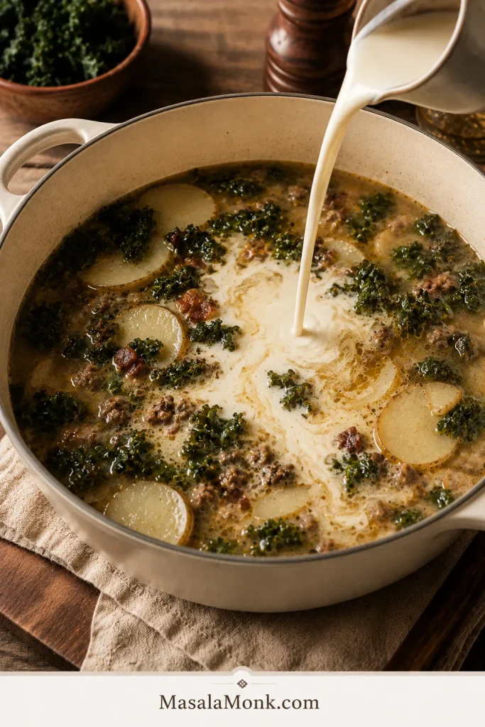 Heavy cream swirling through Zuppa Toscana and turning the broth pale around sausage, potato slices and kale.