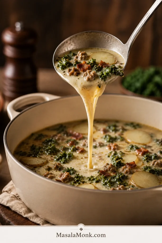 Creamy Zuppa Toscana flowing freely from a metal ladle back into the pot.