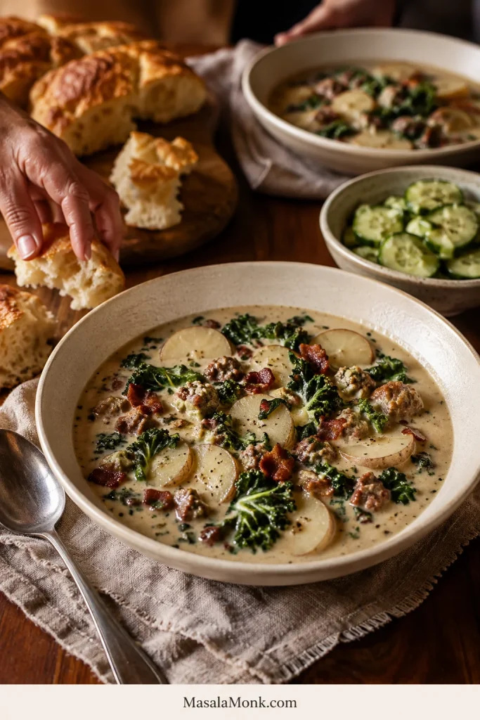 Dinner table with Zuppa Toscana, torn bread and cucumber salad as a hand reaches toward the bread, with another soup bowl behind.