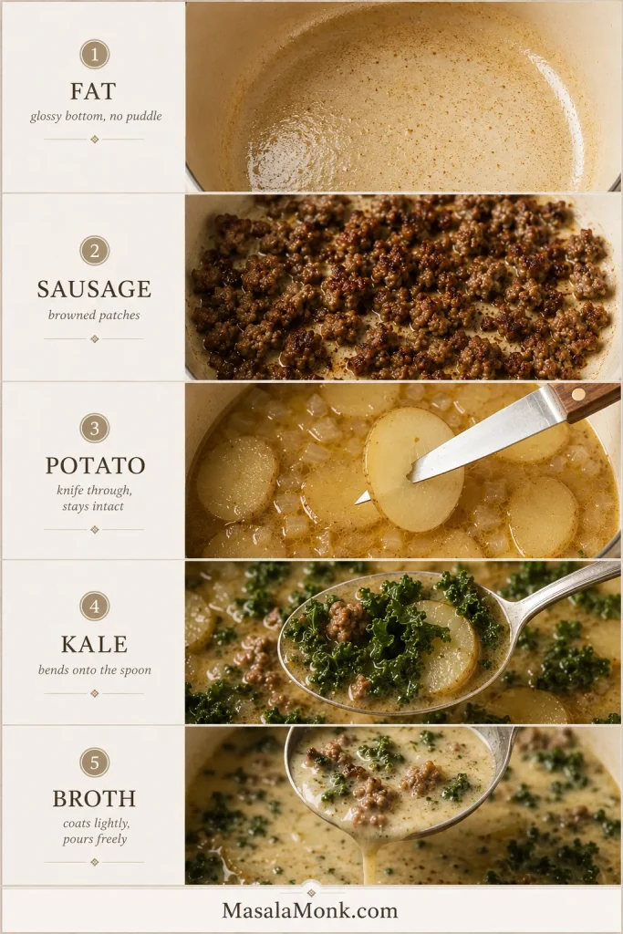 Five cooking checkpoints showing rendered fat, browned sausage, tender potato, softened kale and creamy broth flowing from a ladle.