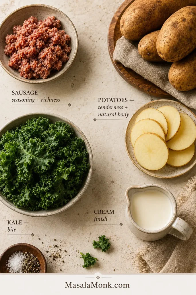 Ingredient roles guide showing Italian sausage, russet potatoes, curly kale and cream used in Zuppa Toscana.