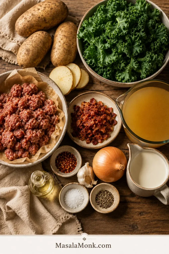 Zuppa Toscana ingredients arranged on a counter, including Italian sausage, bacon, russet potatoes, kale, onion, garlic, chicken broth, cream and seasonings.