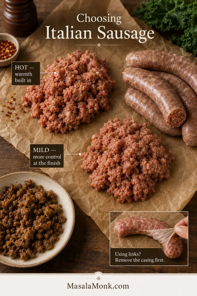 Italian sausage guide comparing hot and mild sausage and showing the casing being removed from a sausage link.