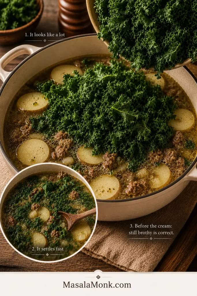 Curly kale being folded into brothy Zuppa Toscana with browned sausage and thin potato slices before cream is added.