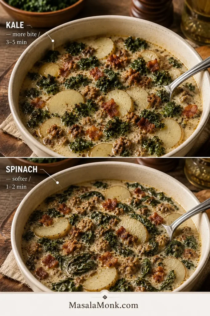 Two bowls of creamy Zuppa Toscana comparing curly kale with much softer wilted spinach.