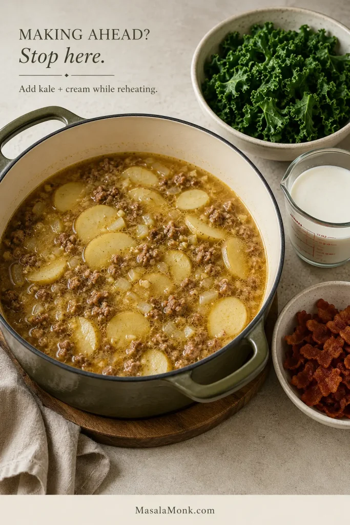 Dutch oven of golden sausage and potato soup base beside separate curly kale, liquid cream and crisp bacon for finishing later.