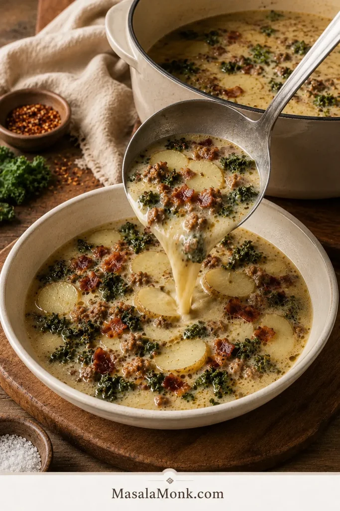 Finished Zuppa Toscana being ladled from an enameled Dutch oven into a shallow ivory bowl.