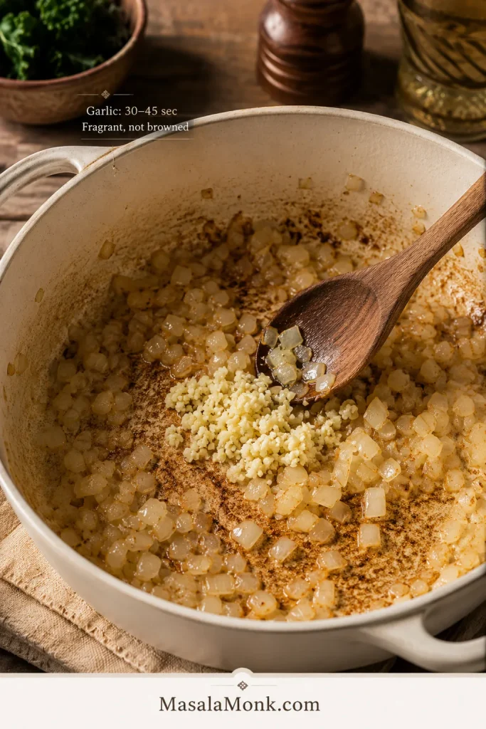 Softened chopped onion and minced garlic cooking over browned fond in the bottom of a pale Dutch oven.