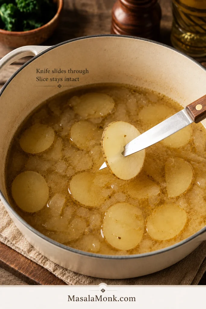 Thin russet potato slices simmering in golden broth while a knife tests one intact cooked slice.