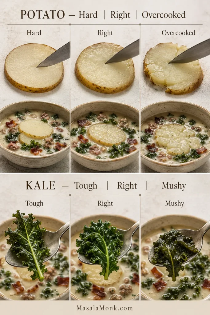 Doneness guide comparing hard, properly cooked and overcooked potato slices with tough, tender and mushy kale.