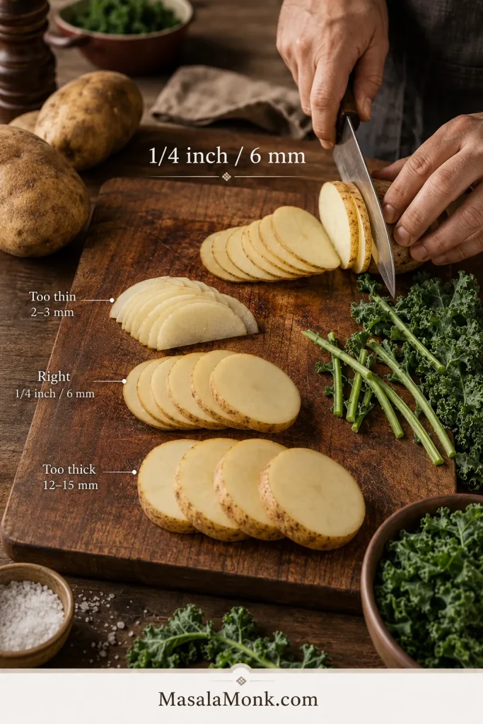Russet potato cutting guide showing evenly sliced pieces about 6 millimetres thick beside prepared curly kale.