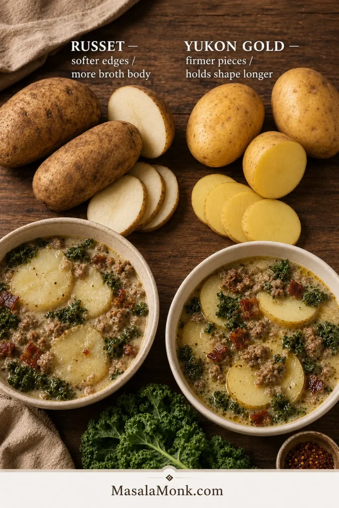 Comparison of russet and Yukon Gold potatoes with cooked slices showing softer russet edges and firmer Yukon Gold pieces.