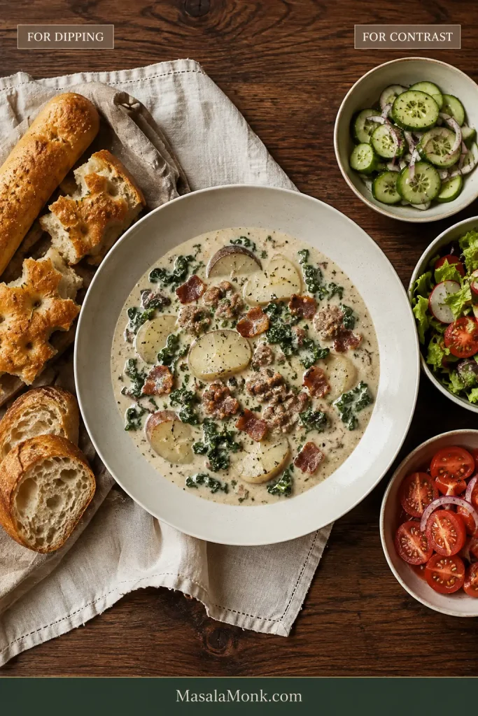Overhead serving guide with Zuppa Toscana between breads for dipping and cucumber, green and tomato salads for contrast.