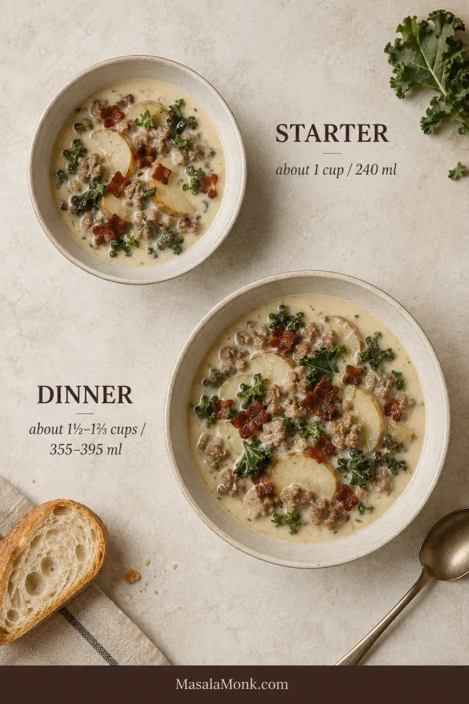 Two bowls of Zuppa Toscana comparing a smaller starter serving with a larger dinner serving.