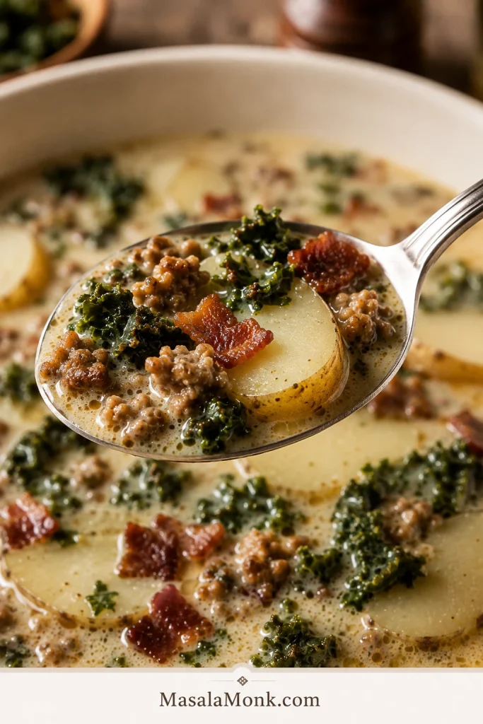 Close-up spoonful of Zuppa Toscana with sliced potato, browned sausage, curly kale, bacon and creamy broth.
