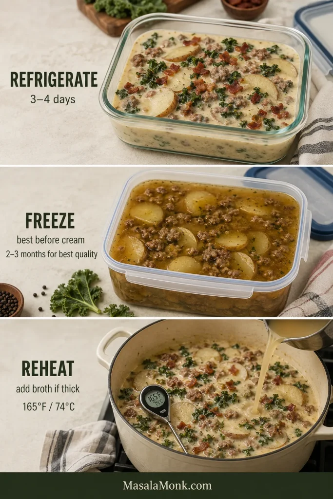 Storage guide showing creamy Zuppa Toscana refrigerated in glass, cream-free sausage and potato base for freezing, and soup reheating with added broth and a thermometer.