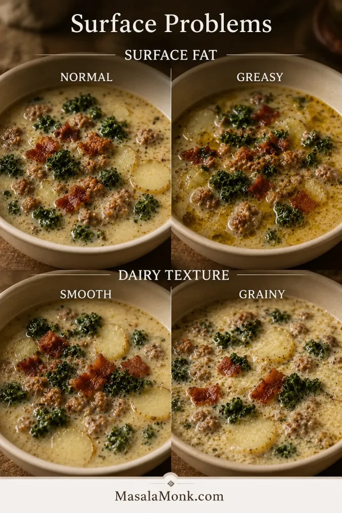 Troubleshooting guide comparing normal and greasy soup surfaces and smooth versus slightly grainy creamy broth.